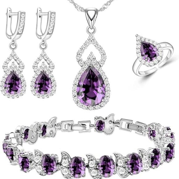 Women Jewelry Set Platinum Plated Necklace Open Ring Earrings Bracelet Set - Picture 1 of 2